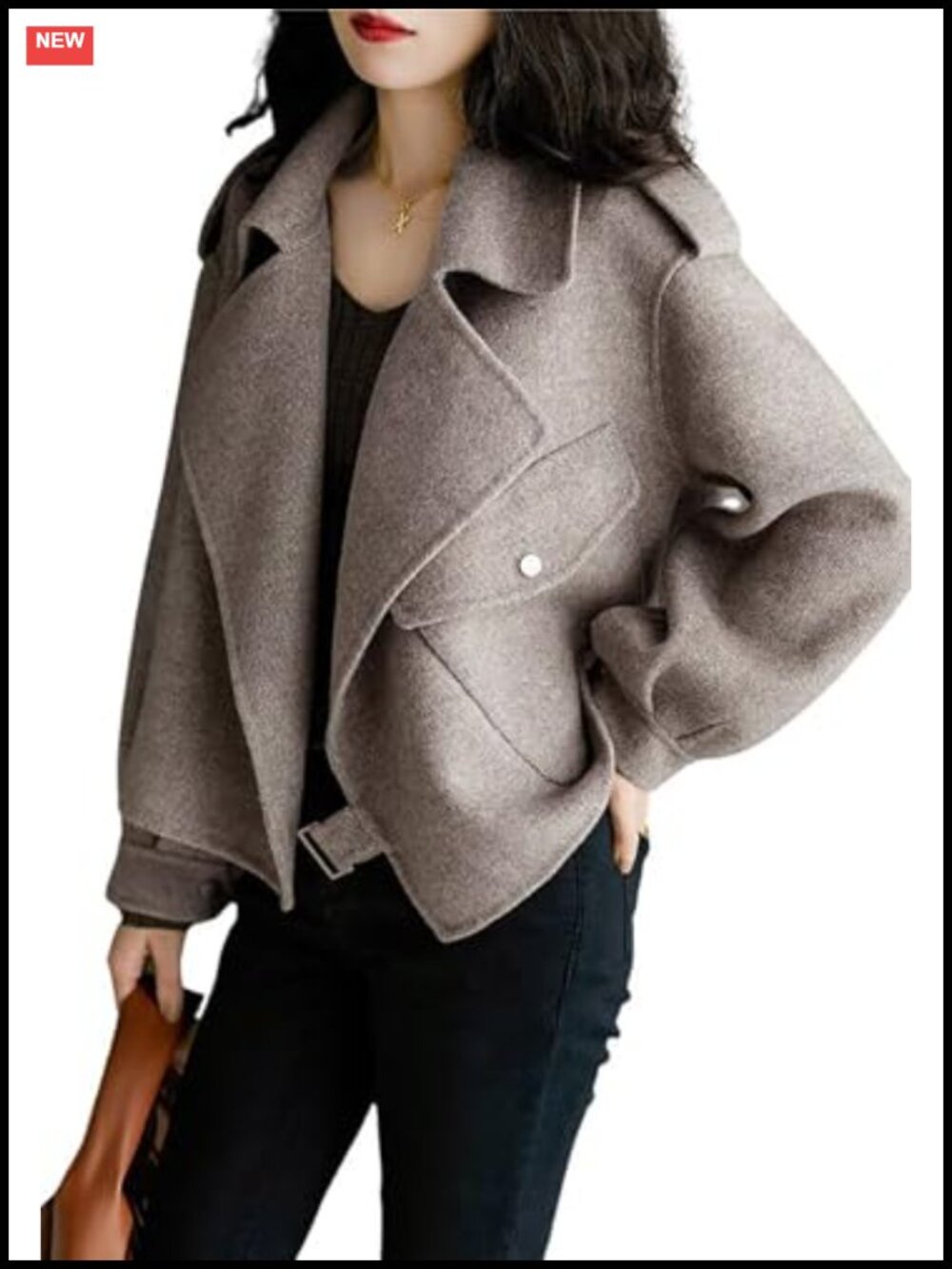 Cropped Wool Pea Coat Notched Lapel Open Front Trench Overcoat with Pockets